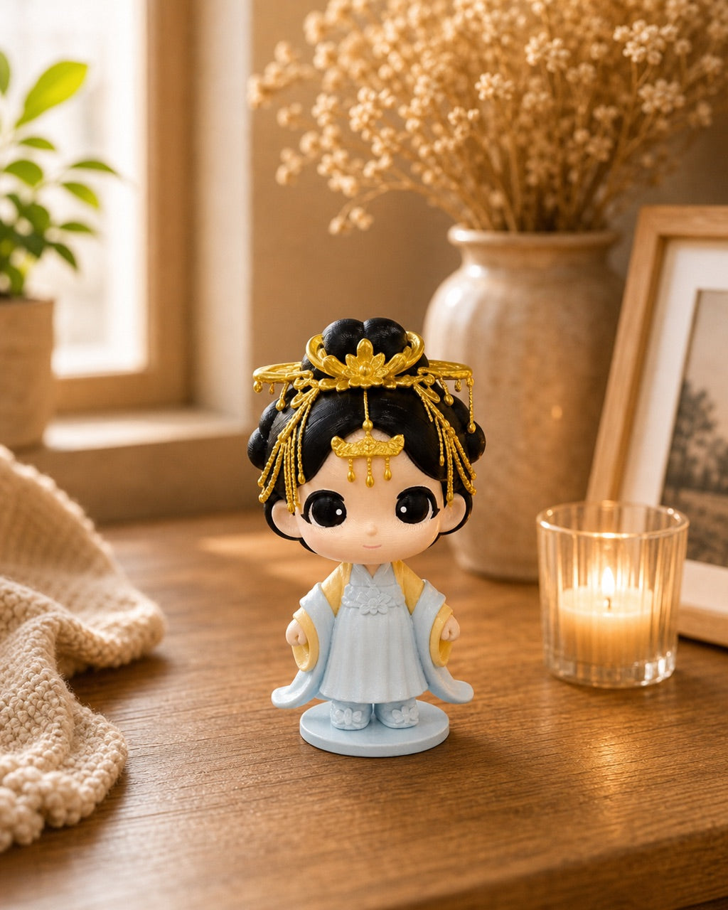 Hand-painted custom birthday chibi figurine of the birthday person, made from a photo, on a warm home table