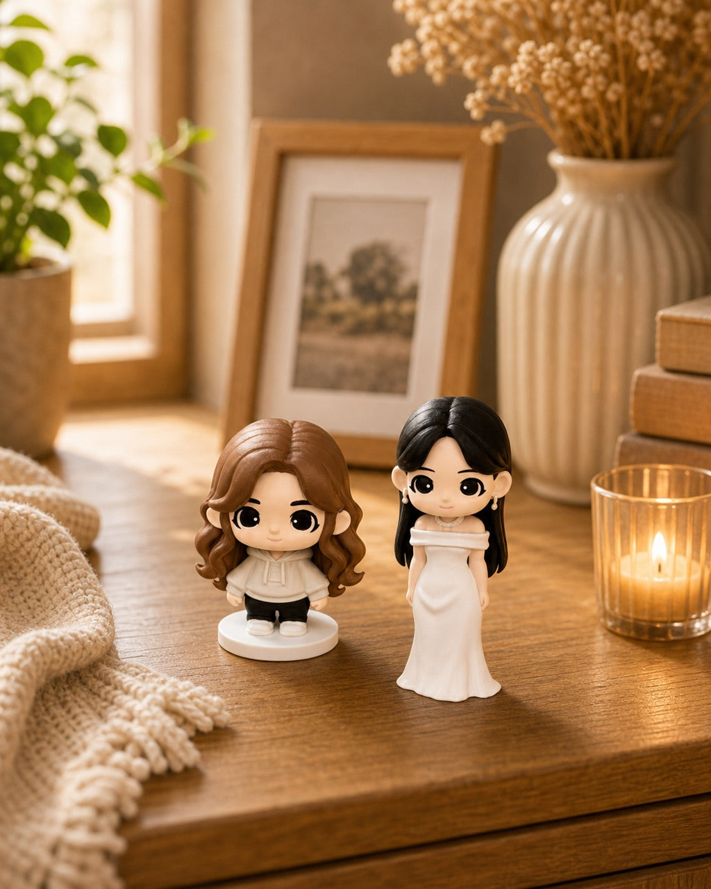 Custom couple chibi figurines from photos displayed together on a warm home table, an anniversary keepsake
