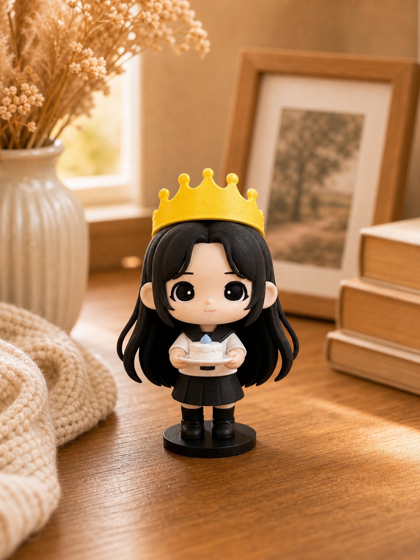 Outdoor custom chibi figurine with crown and black dress birthday styling.