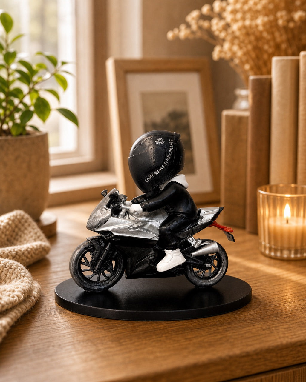 Custom chibi figurine from a photo displayed on a warm home windowsill, ready as a gift