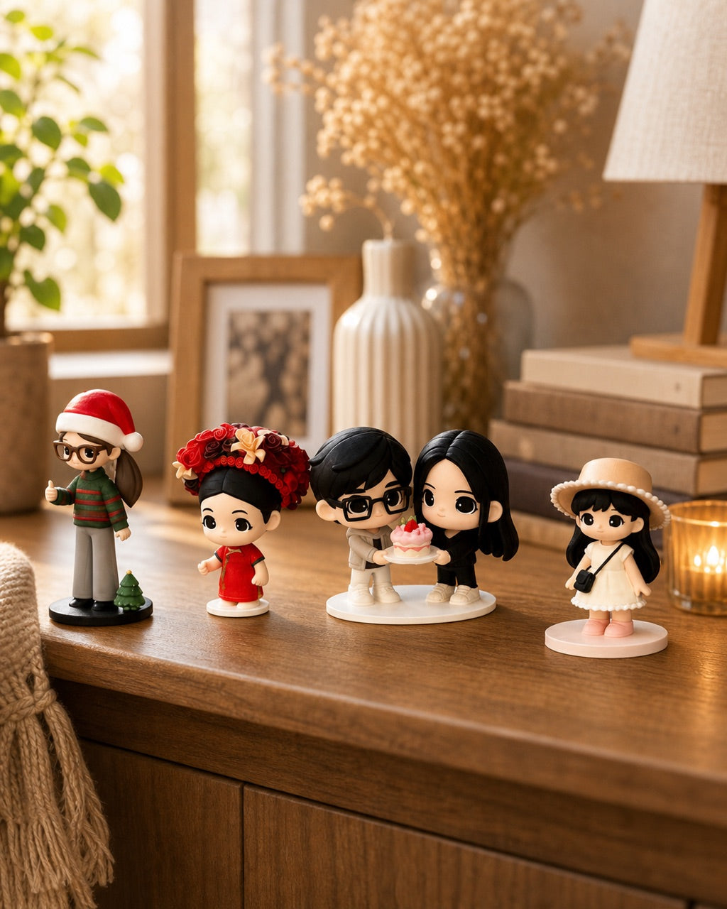 Group of custom chibi figurines from family photos displayed together on a warm home console table