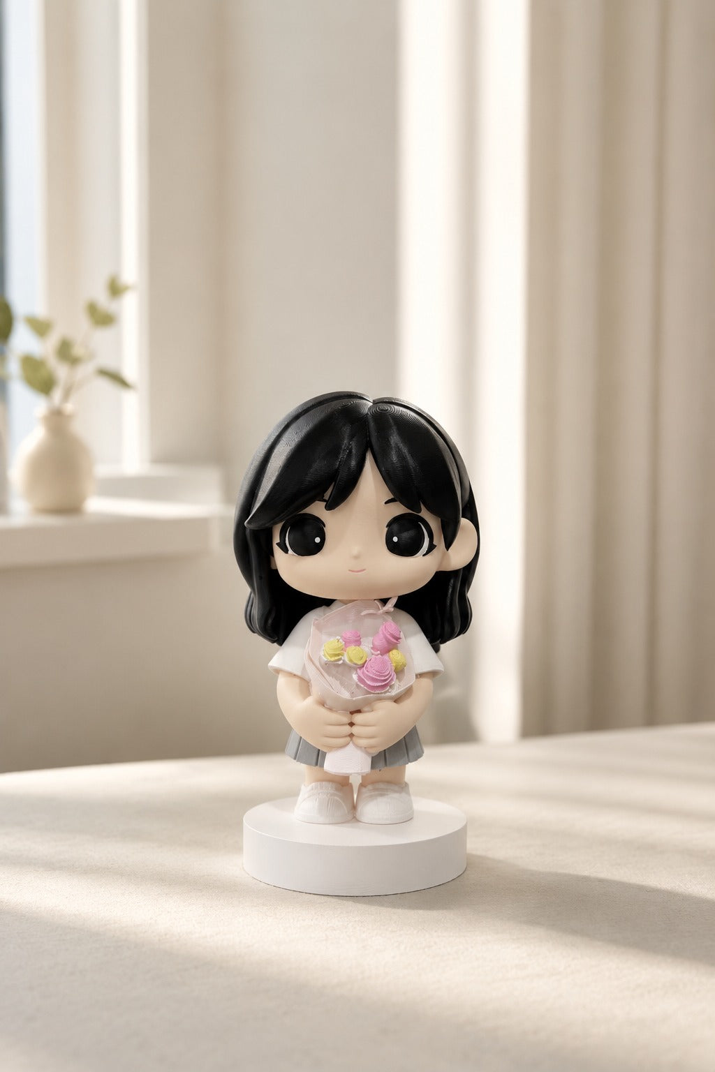 A custom warm-home chibi figurine of a girl holding a bouquet, displayed as a personalized keepsake