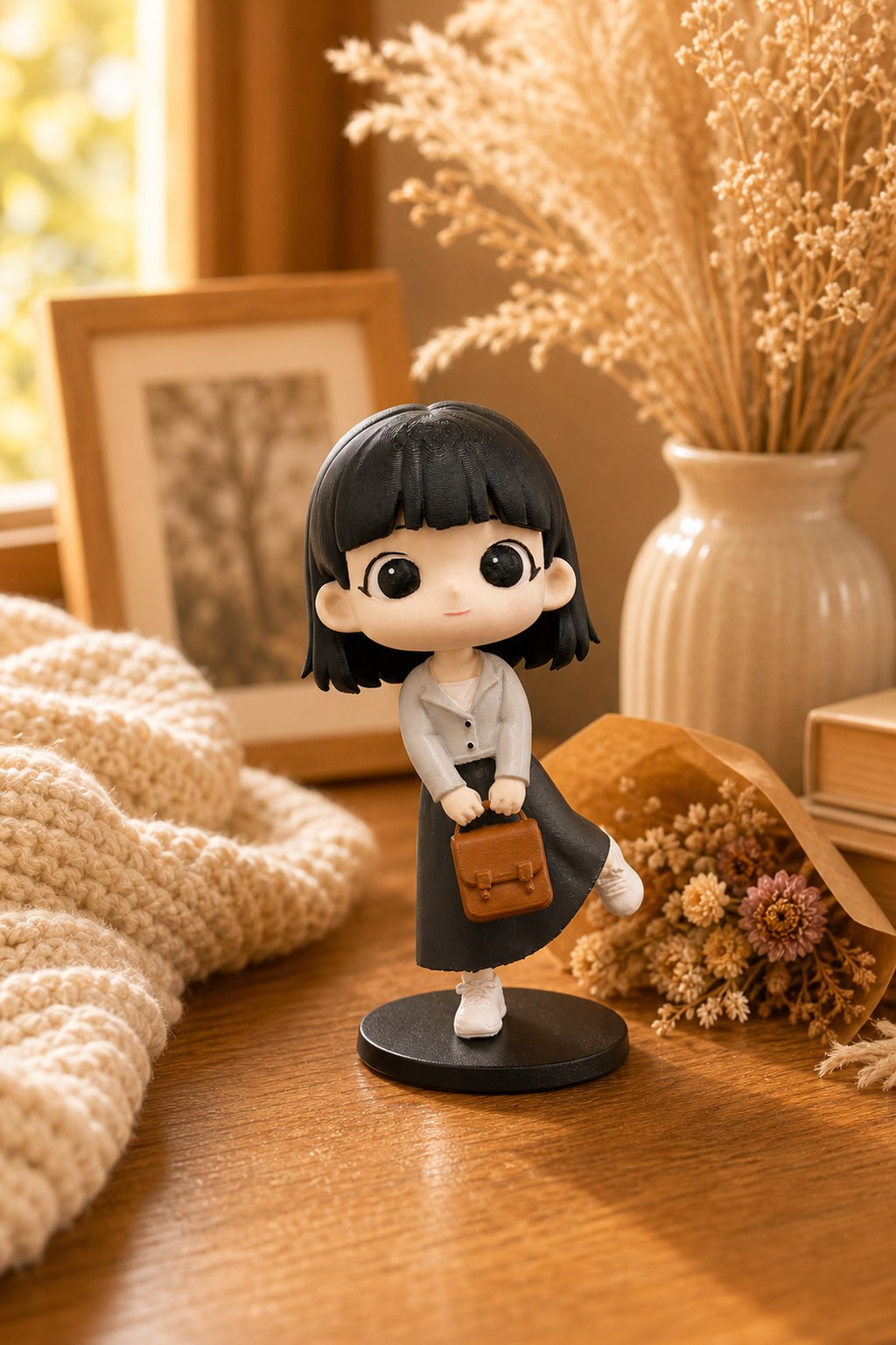 Custom WishFigure chibi figurine holding a bouquet — pose reference example for anniversary or Valentine's Day gifts