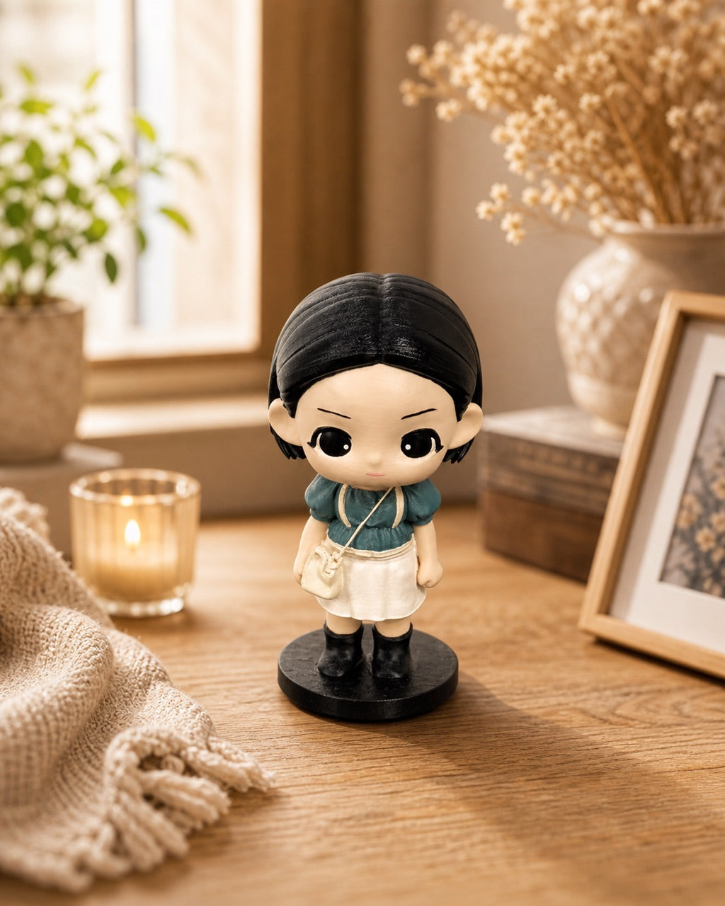 Custom chibi keepsake figurine from a photo on a home windowsill with a warm candle, a gentle memorial display