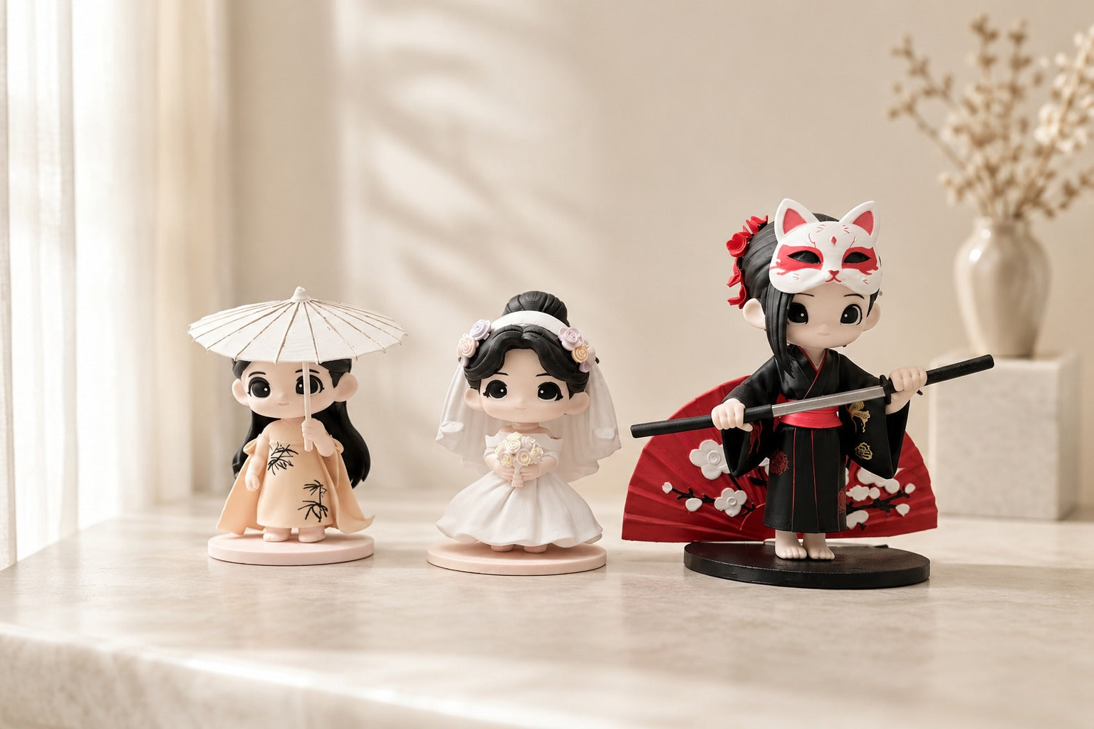 Outdoor lineup of finished custom chibi figurines for a group keepsake gift