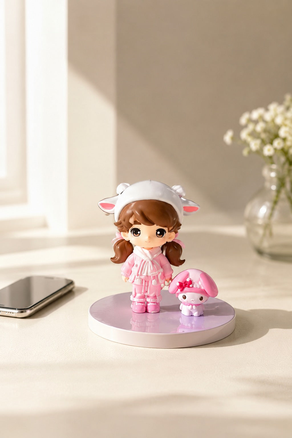 Finished custom figurine shown beside a phone photo reference after checkout