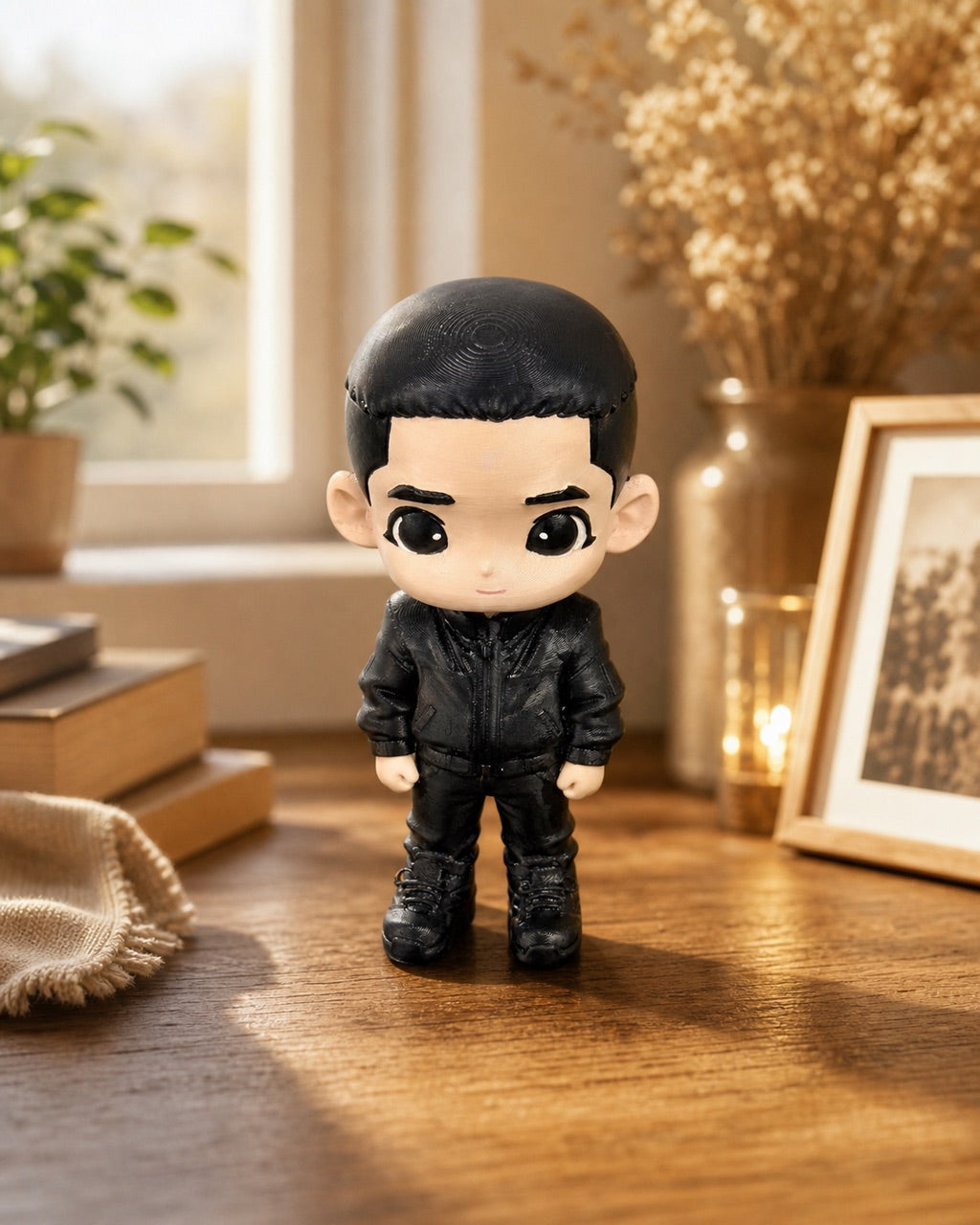 Premium custom chibi figurine from a photo on a warm home shelf, a keepsake alternative to a bobblehead