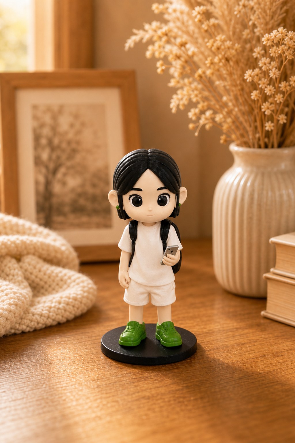 Outdoor custom chibi figurine with cream hat and matching outfit.