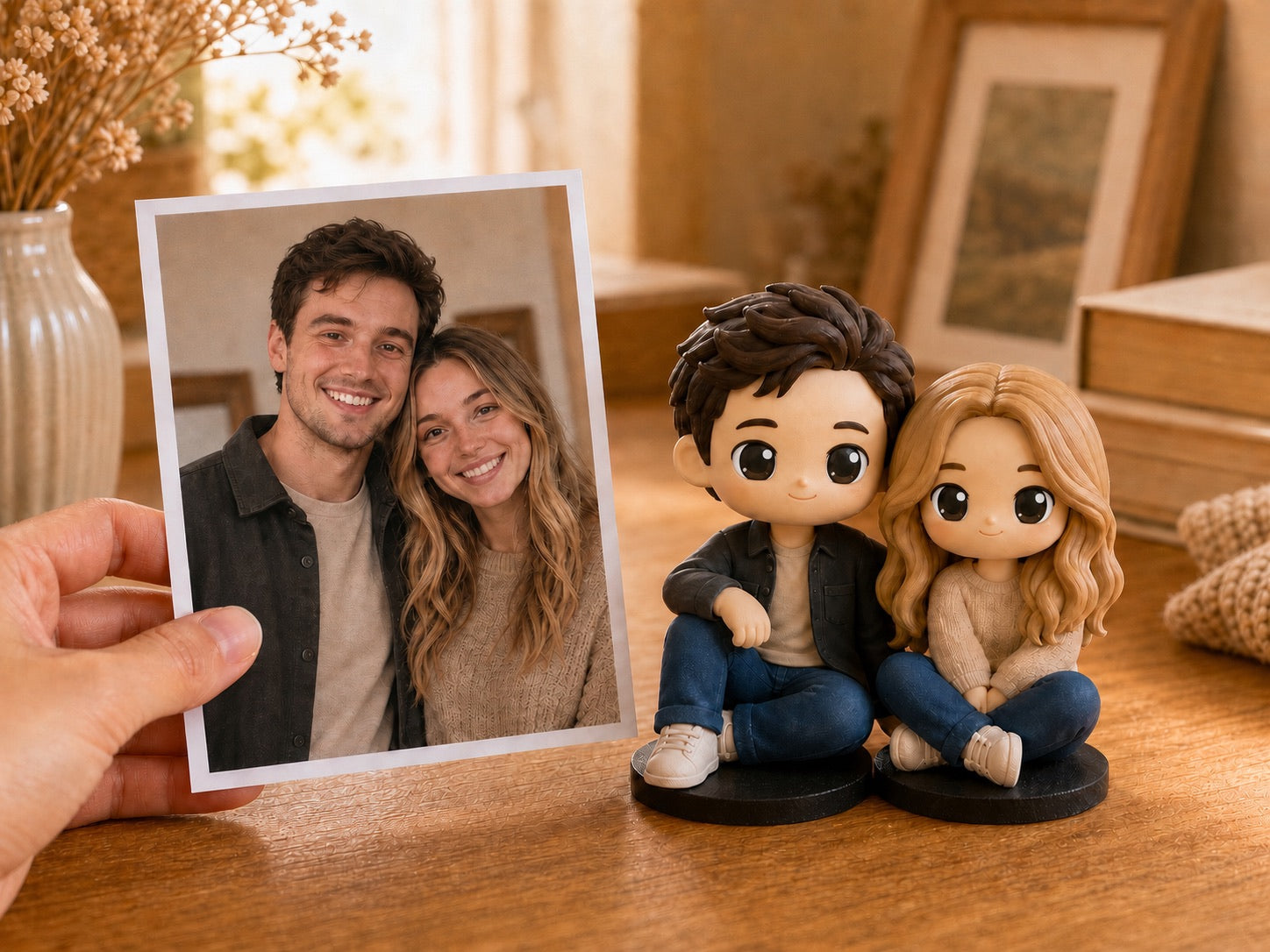 Hand holding a family photo next to the matching four-person custom chibi figurine set on a base, warm home scene